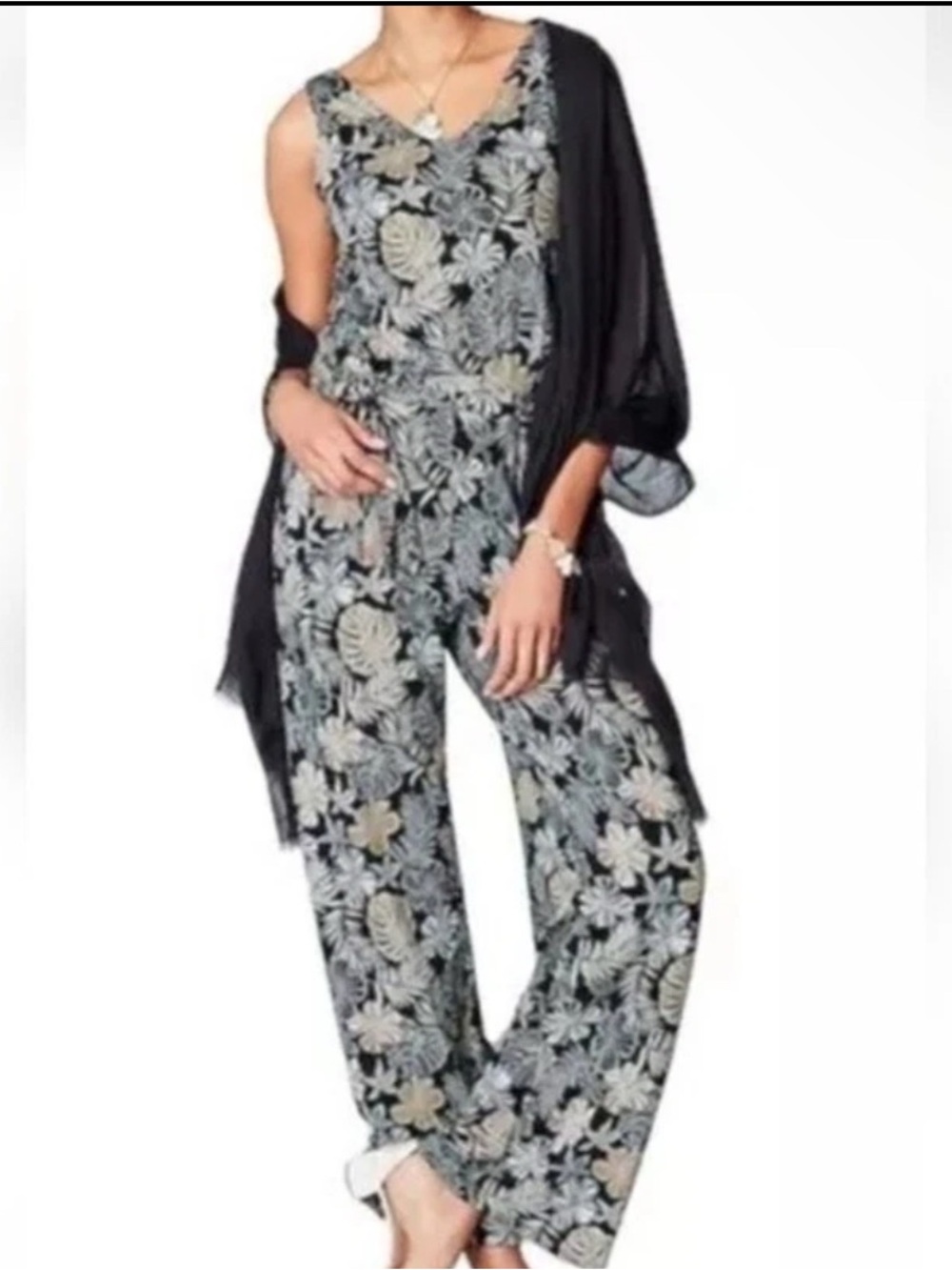 J. Jill Women's Sleeveless Floral Print Jersey Soft Jumpsuit Black Size 1X